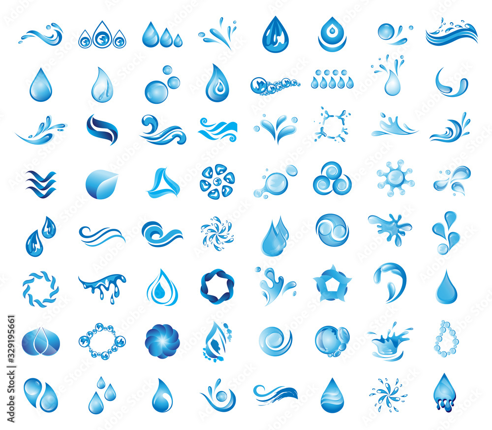 Water Splash Vector And Drop Logo Set - Isolated On White Background. Vector Collection Of Flat Water Splash and Drop Logo. Icons For Droplet, Wave, Rain, Raindrop, Company Logo And Bubble Design