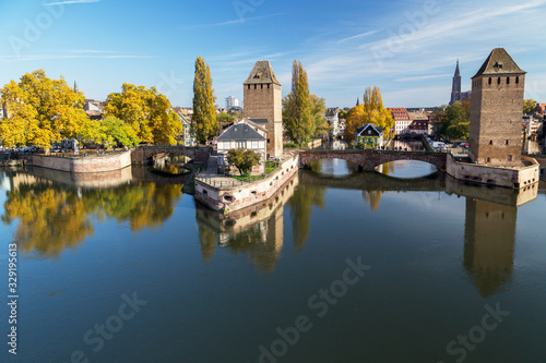 Covered Bridges and historical district in evening Autumn light, Strasbourg, France