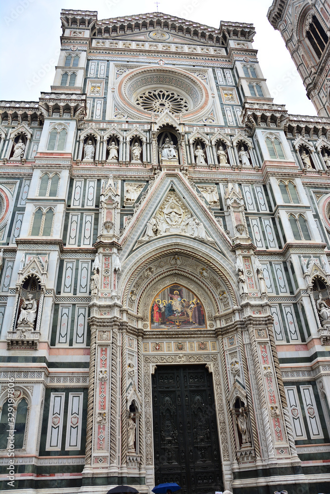 Basilica del Santa Maria del Fiore on Piazza del Duomo in Florence, Italy;.front marble facade