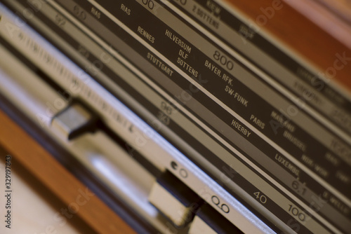 Old vintage radio station display, retro style. Close up.