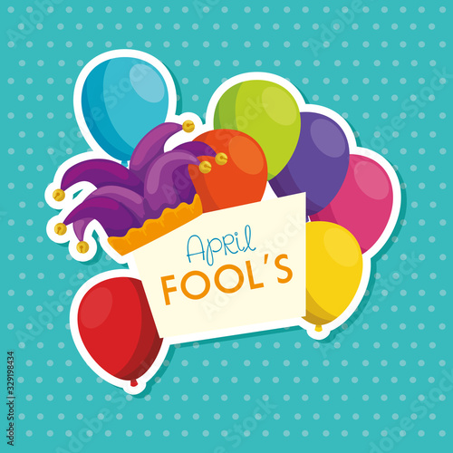 april fools day with hat buffoon and balloons helium vector illustration design