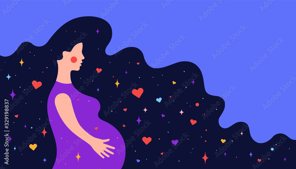 Modern flat character. Pregnant woman with dream universe. Simple character of pregnant woman with universe starry night and love symbols in hair. Concept in flat graphic. Vector Illustration Modern flat character. Pregnant woman with dream universe. Simple character of pregnant woman with universe starry night and love symbols in hair. Concept in flat graphic. Vector Illustration