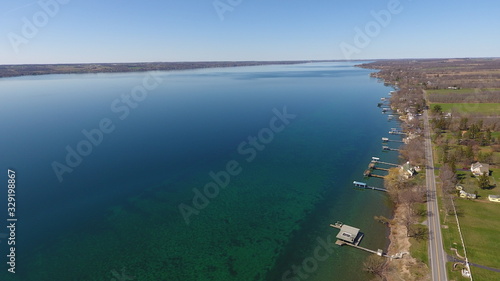 Aerial view of Cayuga Lake shoreline and countryside