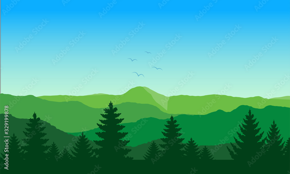 View nature backdrop. Mountain and forest with sky.