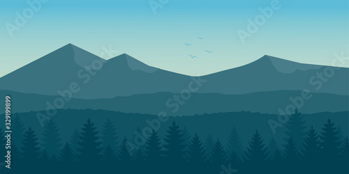 View nature backdrop. Mountain and forest with sky.