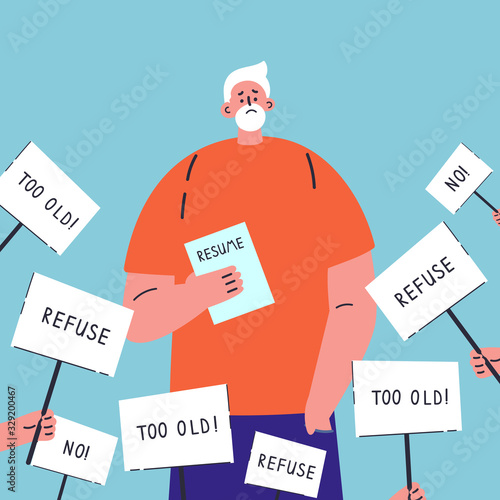 Age discrimination.Senior job candidate with resume.Refusal to work for an old man.Employment problem of seniors.Ageism social problem, stop ageism, elderly employment difficulties concept.Vector 