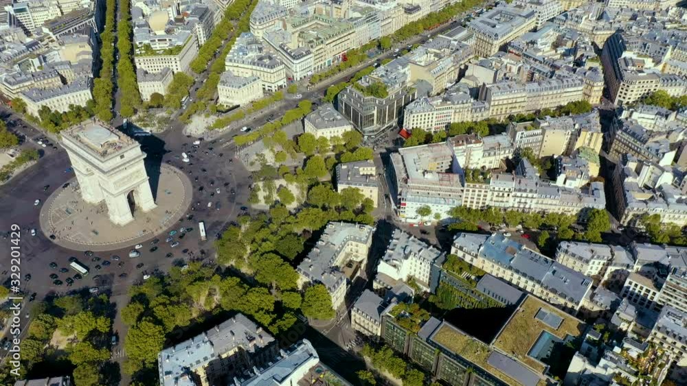 PARIS, FRANCE - MAY, 2019: Aerial drone view of Triumphal Arch in historical city centre. PARIS, FRANCE - MAY, 2019: Aerial drone view of Triumphal Arch in historical city centre.