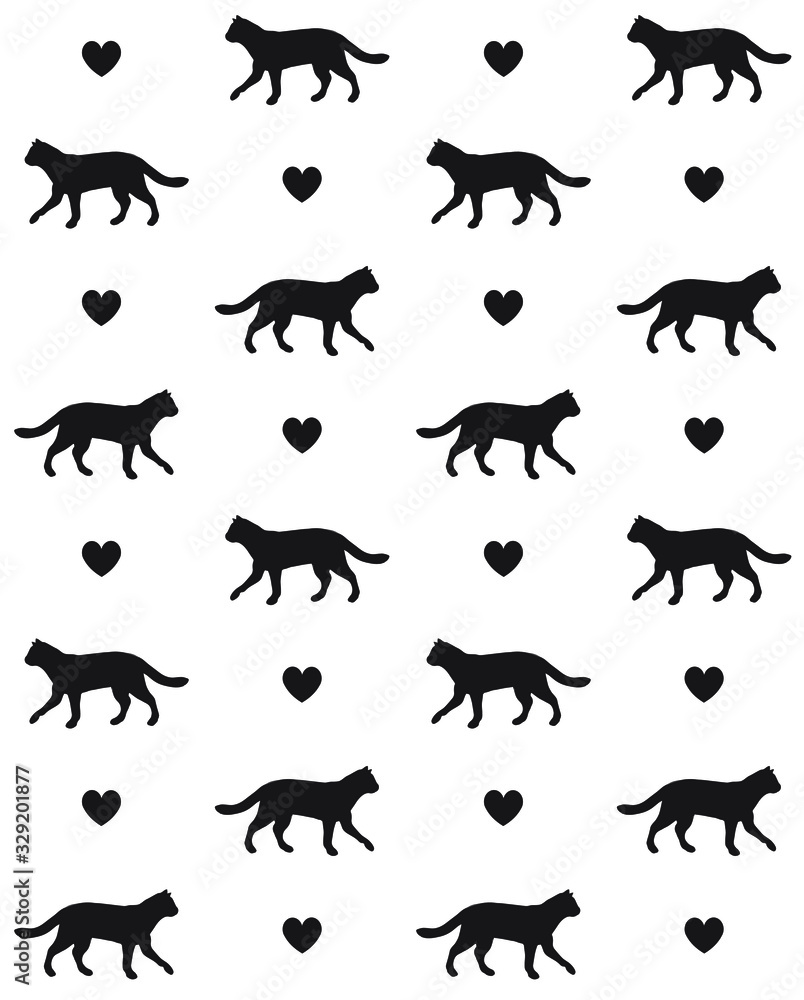 Vector seamless pattern of black cat silhouette and hearts isolated on white background
