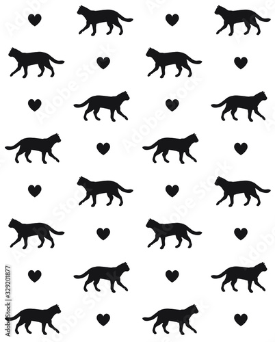 Vector seamless pattern of black cat silhouette and hearts isolated on white background