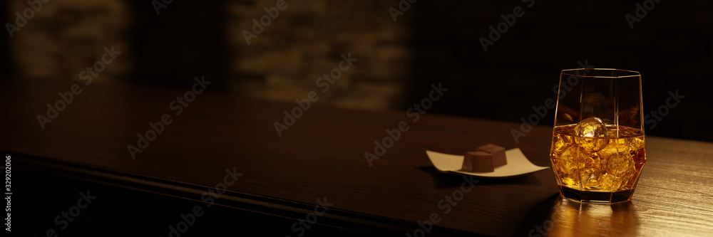 A glass of whisky on a bar counter with a chocolate plate. 3D rendering. - obrazy, fototapety, plakaty 