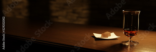 A glass of whisky on a bar counter with a chocolate plate. 3D rendering. photo
