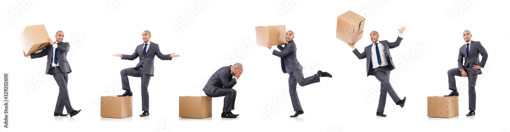 Businessman with box isolated on the white Businessman with box isolated on the white