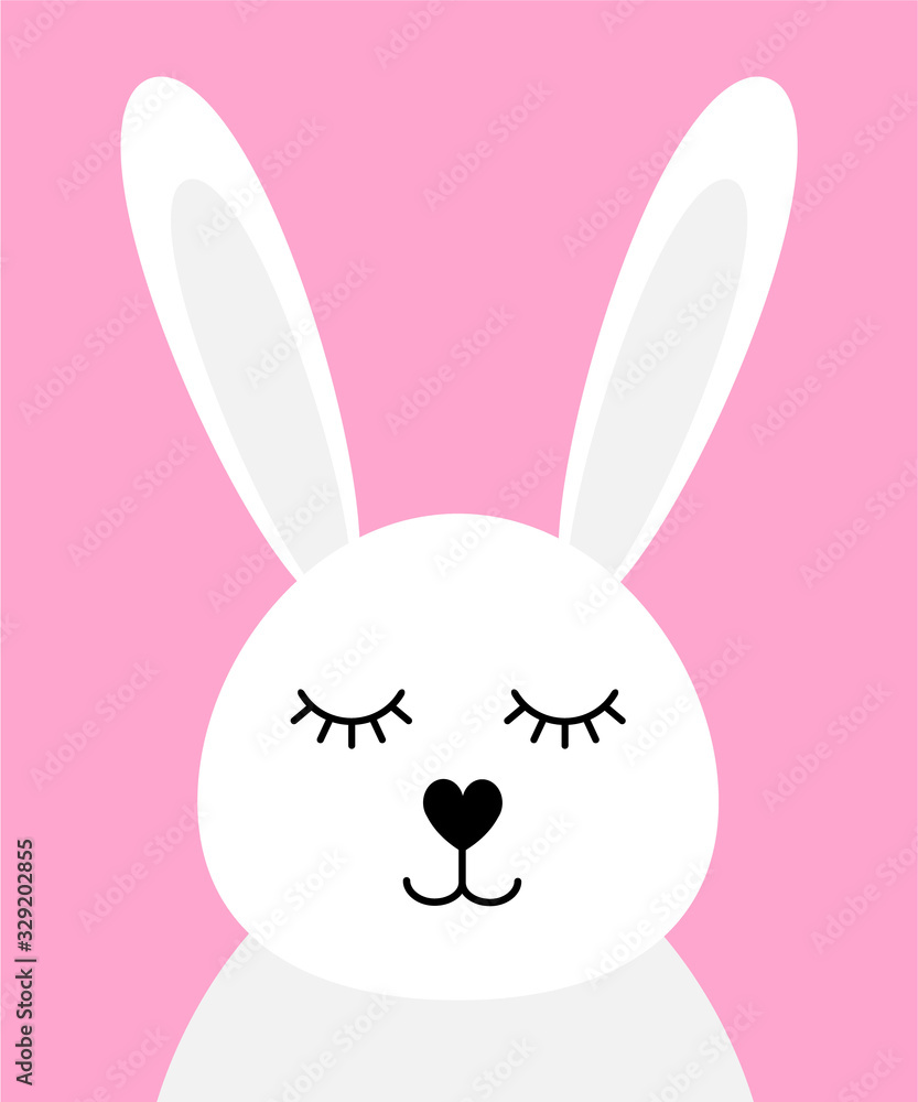 Vector flat cartoon white rabbit face head isolated on pink background Vector flat cartoon white rabbit face head isolated on pink background