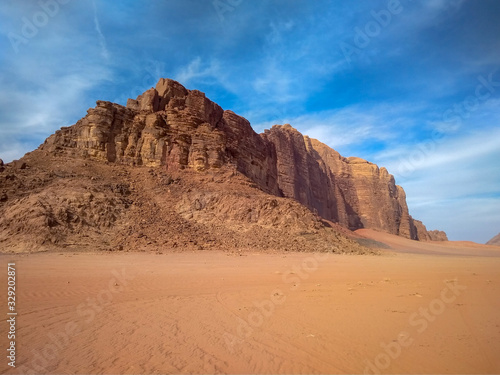 rock formations and desert landscape of Wadi Rum desert in southern Jordan. 