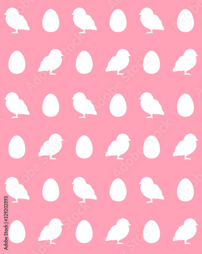 Vector seamless pattern of white Chick silhouette and egg isolated on pink background