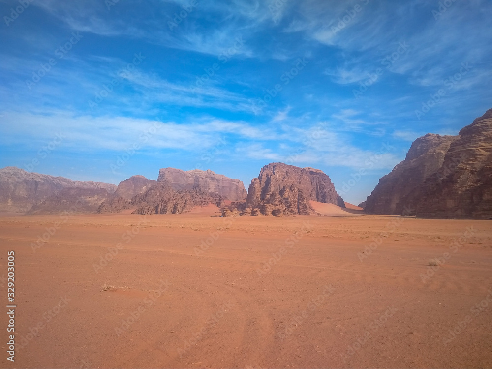 rock formations and desert landscape of Wadi Rum desert in southern Jordan. Popular tourist destination and place of Lawrence of Arabia