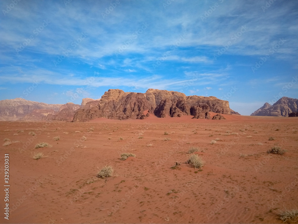 rock formations and desert landscape of Wadi Rum desert in southern Jordan. Popular tourist destination and place of Lawrence of Arabia