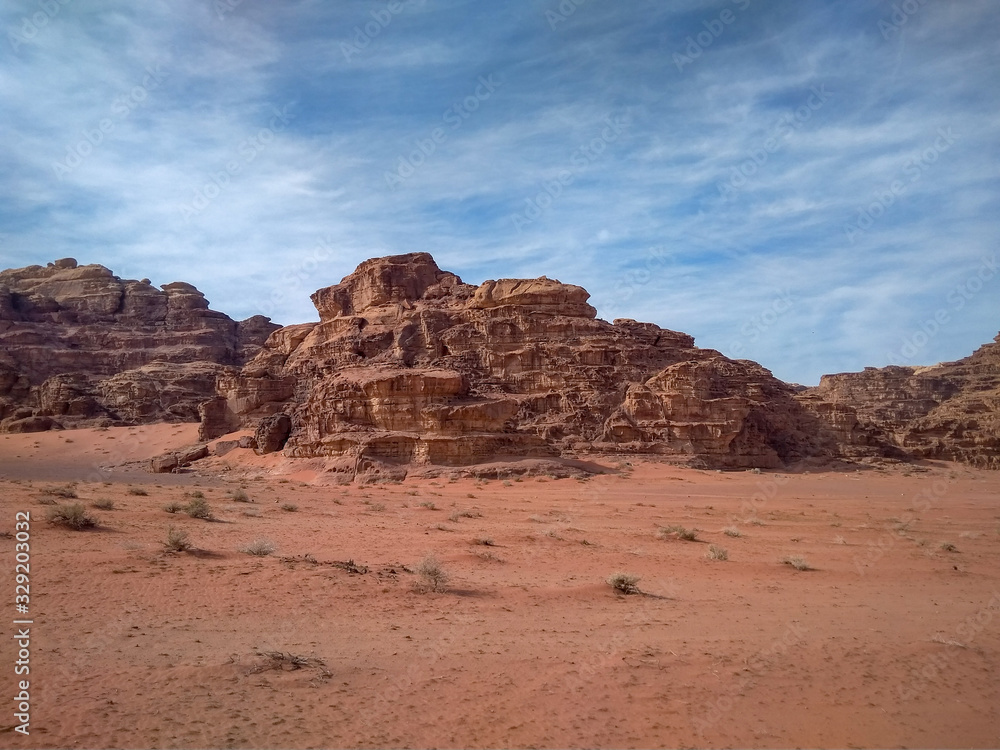 rock formations and desert landscape of Wadi Rum desert in southern Jordan. Popular tourist destination and place of Lawrence of Arabia