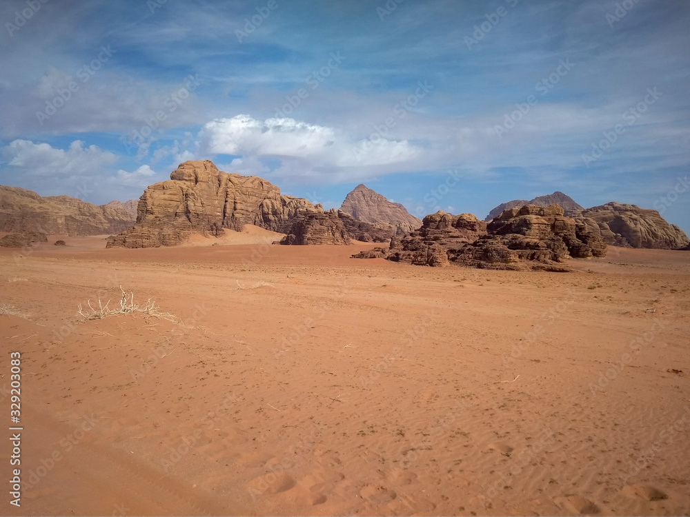rock formations and desert landscape of Wadi Rum desert in southern Jordan. Popular tourist destination and place of Lawrence of Arabia