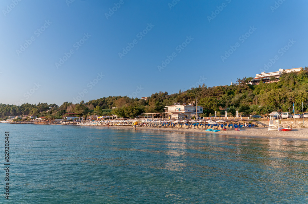 Kallithea, Greece - September 03,2019: Kalithea Beach (Greek: Παραλία Καλλιθέα) the most beautiful beach in Kallithea, Halkidiki in Greece.