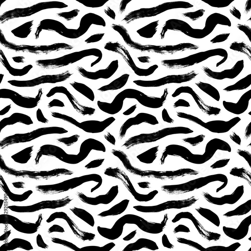 Wavy and swirled brush strokes vector seamless pattern. Black paint freehand scribbles  abstract ink background.