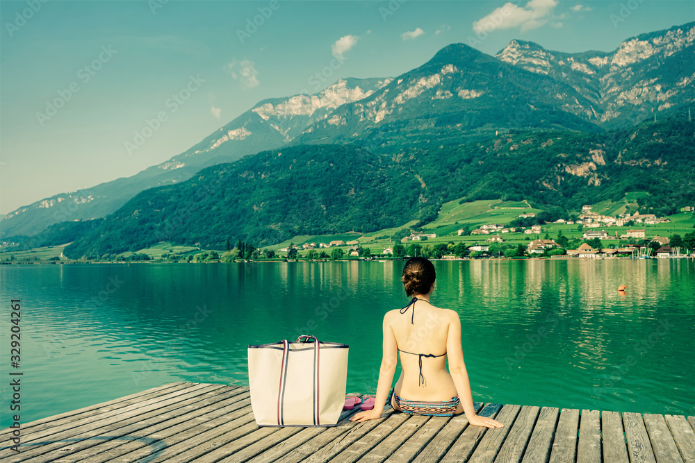 Young woman Green scenery with Caldaro lake