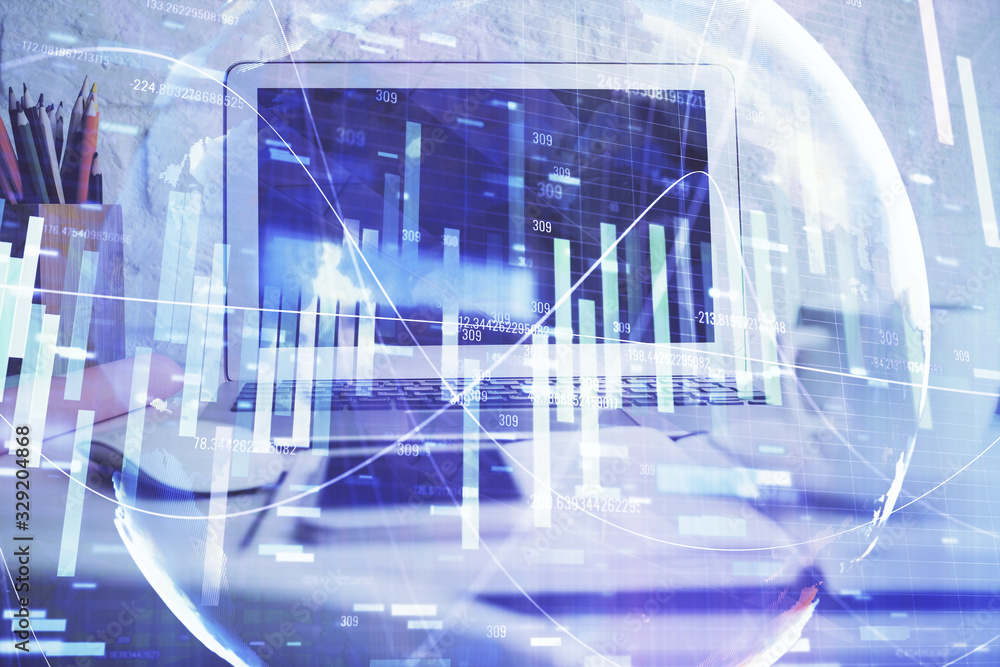 Double exposure of business theme icons and work space with computer background. Concept of success. Double exposure of business theme icons and work space with computer background. Concept of success.