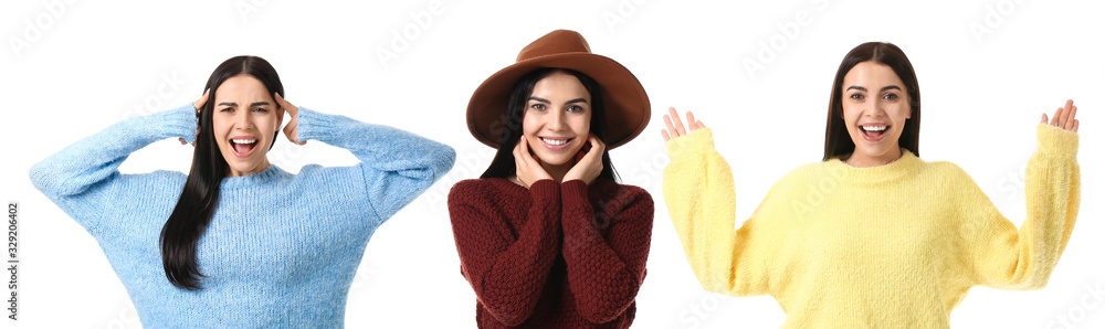 Collage with beautiful young woman in warm sweaters on white background Collage with beautiful young woman in warm sweaters on white background