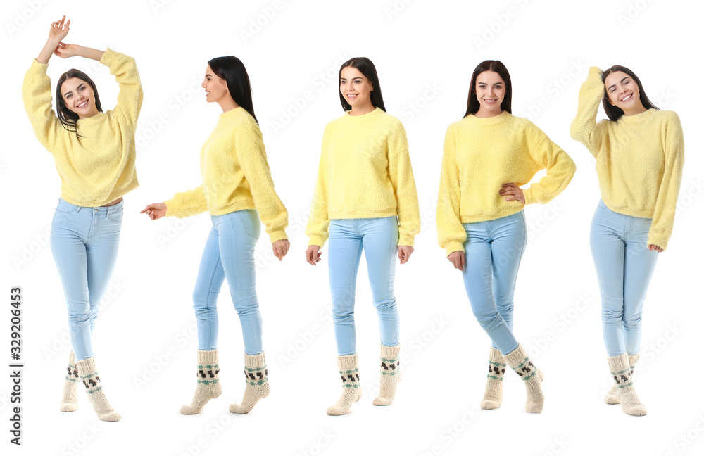 Fototapeta premium Collage with beautiful young woman in warm sweater on white background