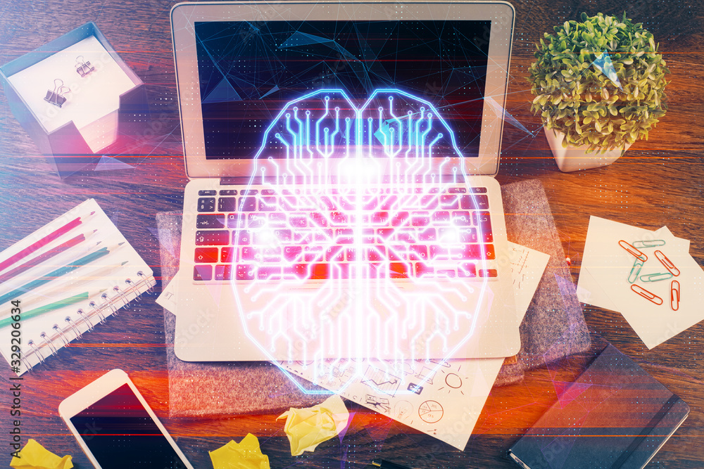 Multi exposure of work space with computer and human brain hologram. Brainstorm concept. Multi exposure of work space with computer and human brain hologram. Brainstorm concept.