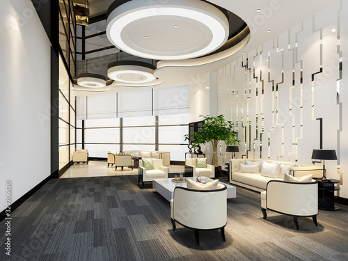 3d rendering luxury hotel and office reception hall and lounge restaurant