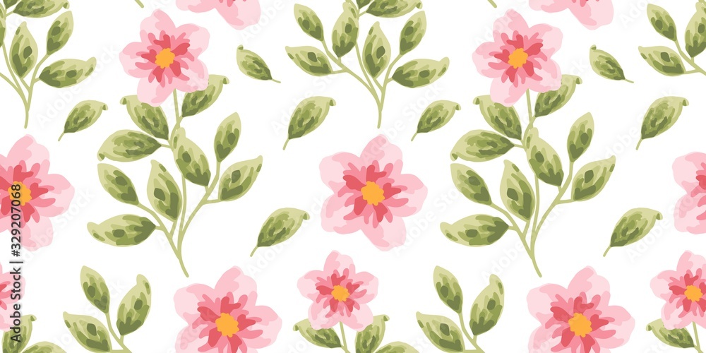 Seamless pattern with rose flowers and leaves. Hand drawn repeat background. floral pattern for wallpaper or fabric. Pink rosa canina botanic tile.