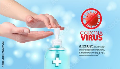Woman hands using wash hand sanitizer gel dispenser, coronavirus.