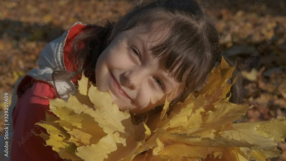 Child in autumn brown leaves. Child in autumn brown leaves.