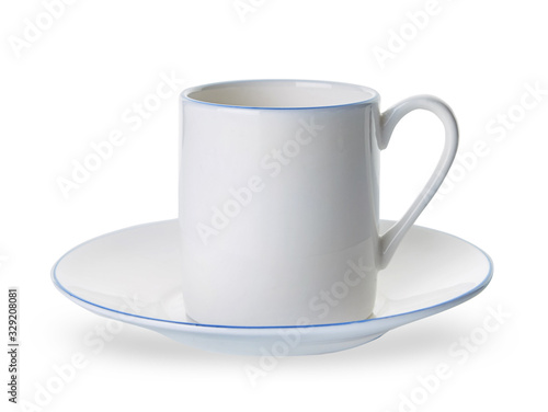Empty cup with saucer on white background