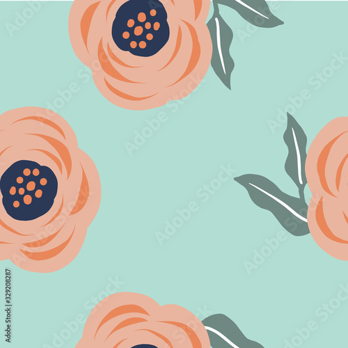 Seamless pink peach floral leaf pattern. Stylish repeating texture. Mint Teal background. Trendy. Botanical.