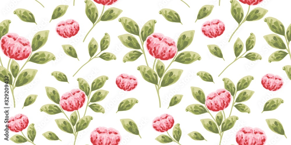 seamless pink and red flower pattern. red peony flower bud and leafs. girly and kawaii hand-drawn repeat pattern