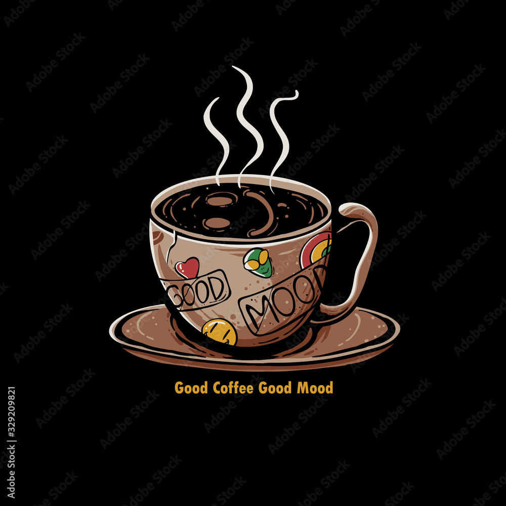 Cup of coffee with smile emoji vector illustration. Good coffee good