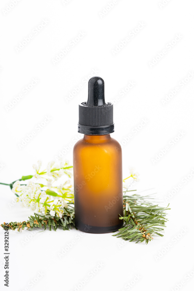 Natural cosmetics concept: Cosmetics with grean leaves isolated on white Natural cosmetics concept: Cosmetics with grean leaves isolated on white