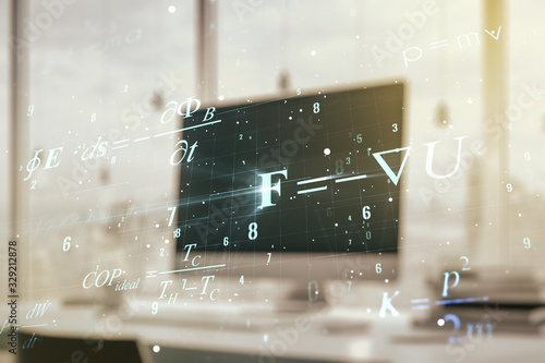 Creative scientific formula illustration on modern computer background, science and research concept. Multiexposure