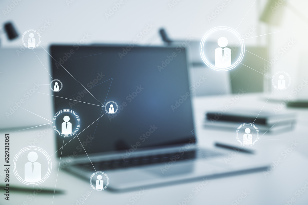 Social network media concept with modern computer on background. Double exposure Social network media concept with modern computer on background. Double exposure