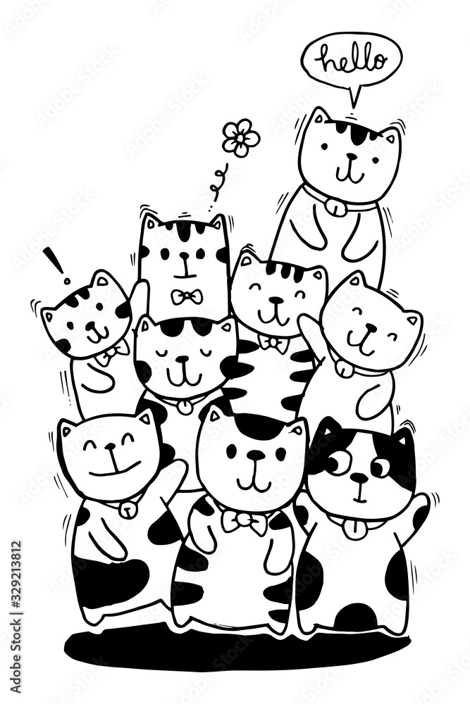 Black and white Hand draw vector, Cat Characters set style doodles illustration coloring for children vector. Black and white Hand draw vector, Cat Characters set style doodles illustration coloring for children vector.
