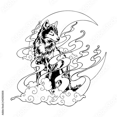 wolf and Crescent moon with cloud and star in night digital  painting vector  for printing coloring with white background
