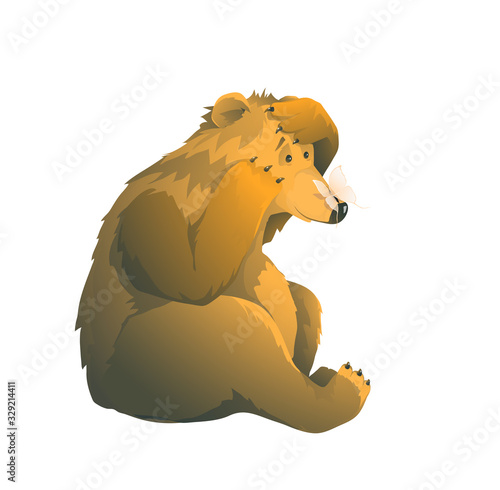 Emotional naive brown bear and butterfly on his nose humour artistic animals cartoon watercolor style.
