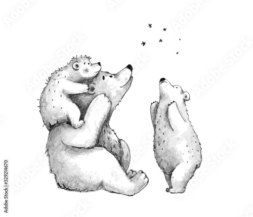 Teddy Bears cute family sketch stargazing watching stars hand drawn sketch cartoon clip art.