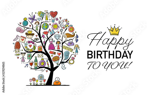 Art tree with female accesuares, gifts and wishes. Idea for your design birthday card, shop logo, banner