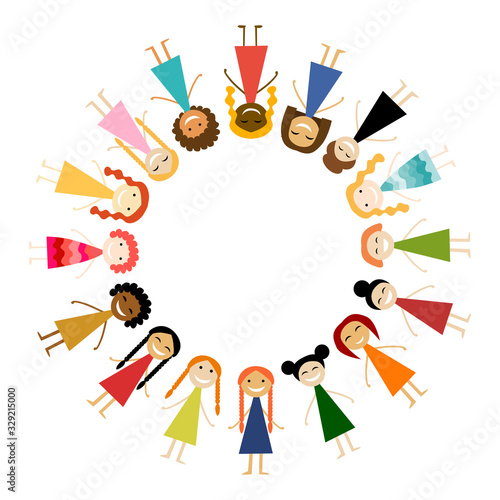 Women together in circle shape. Vector illustration with cute women for your design card, poster, flyer and other. Female characters different