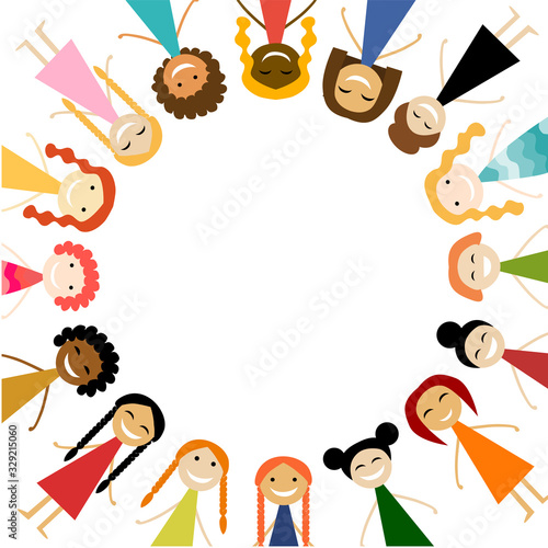 Women together in circle shape. Vector illustration with cute women for your design card, poster, flyer and other. Female characters different