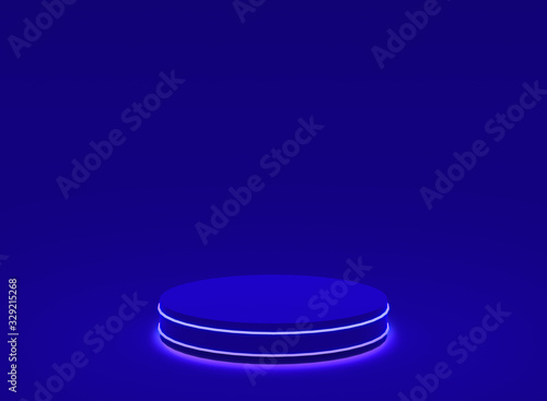 3d blue neon light cylinder podium minimal studio blue dark background. Abstract 3d geometric shape object illustration render. Display for technology product.