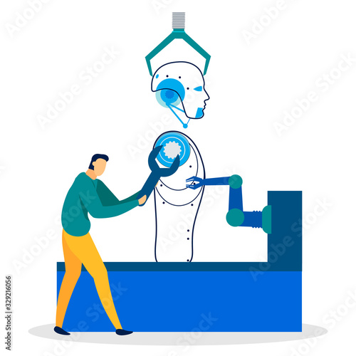 Flat Cartoon Banner of Robot Manufacture Process. Man Constructor, Engineer Holding Wrench Builds Humanoid with Help of Robotic Arms at Plant Conveyor. Industrial Engineering Vector Illustration